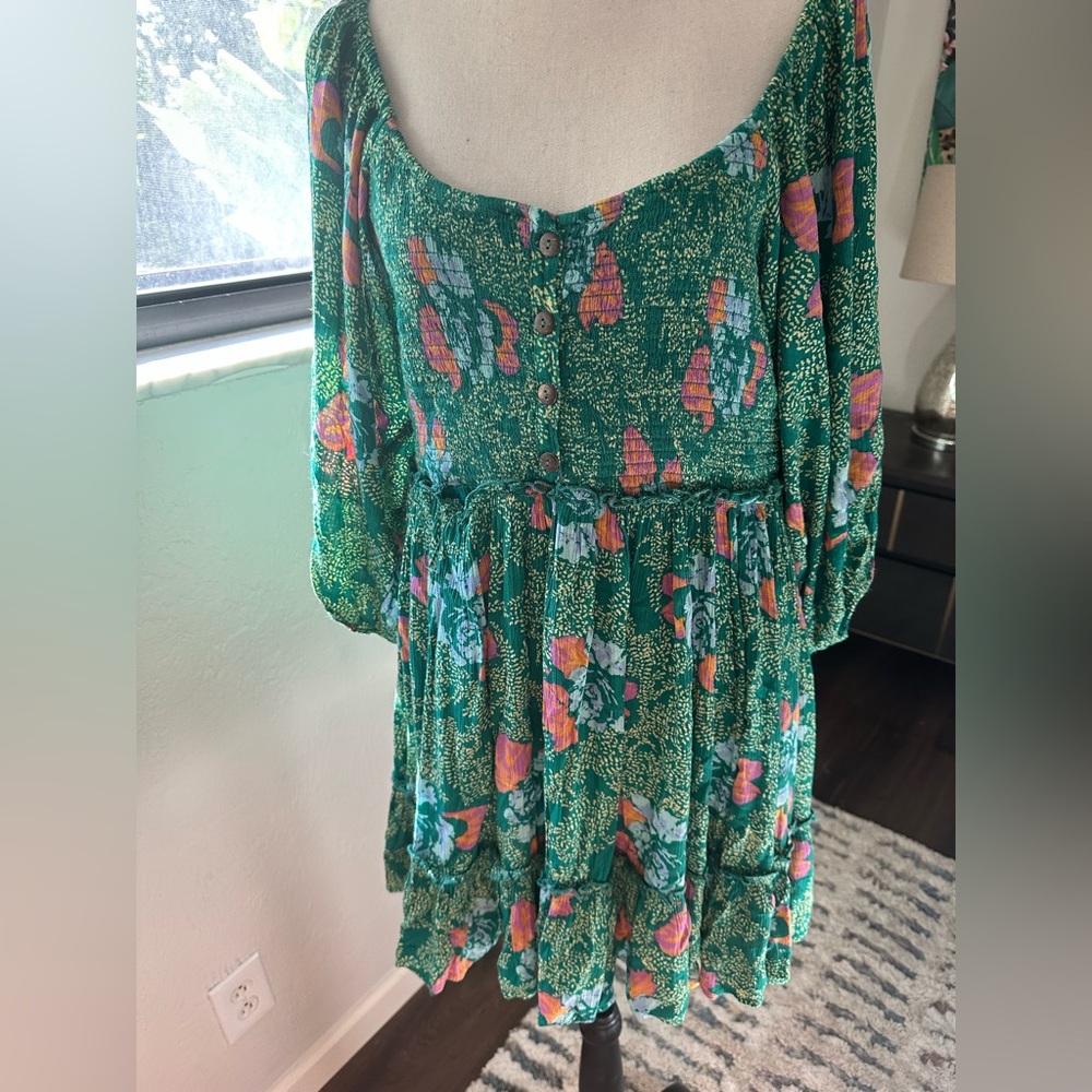 Free People Green Floral Long Sleeve Dress